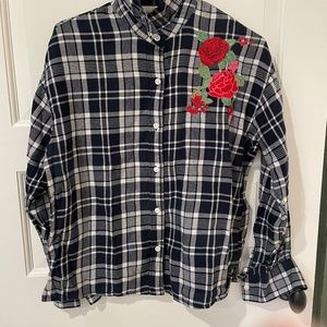 plaid button down shirt with floral embroidery